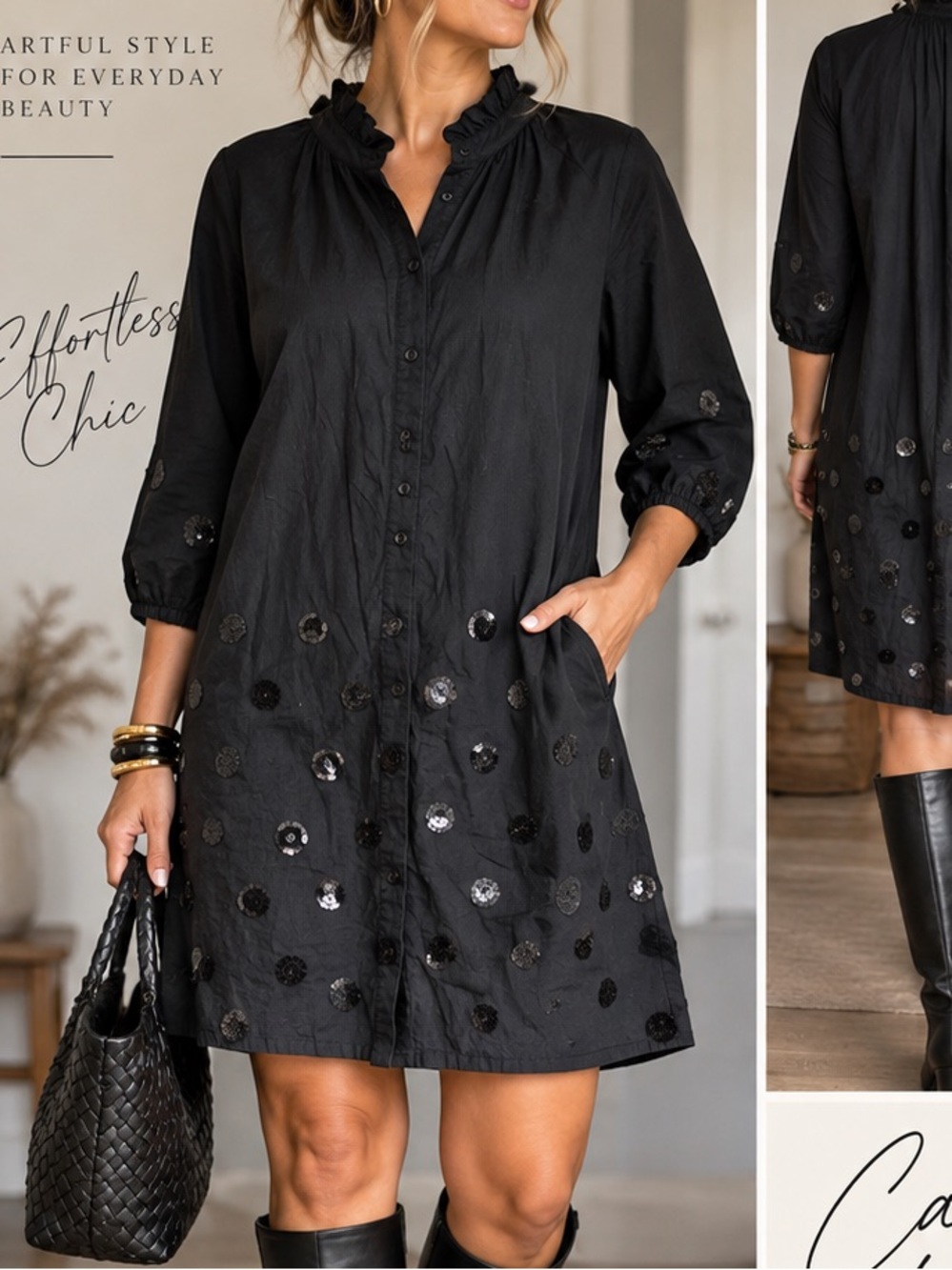 Caryn Lawn Black Sequin Embellished Tunic Dress Small Ruffle Neck 3/4 Sleeve